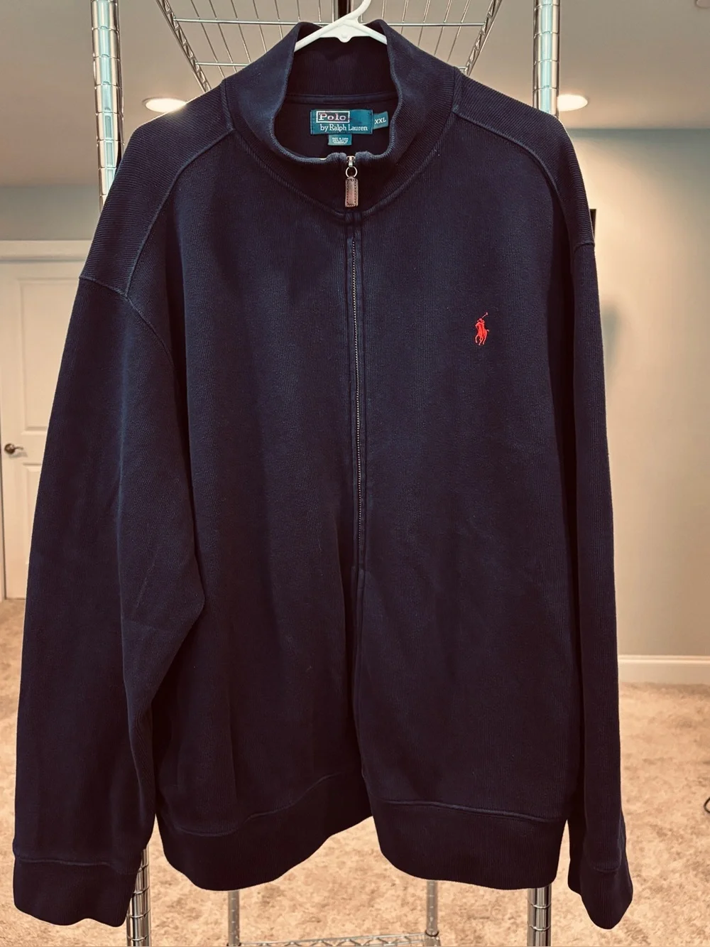 Polo by Ralph Lauren navy blue cotton full zip mock neck sweater size XXL